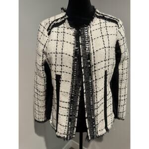 Urbanvibe Blazer Jacket Womens large White Tweed Beaded Rhinestone Collarless